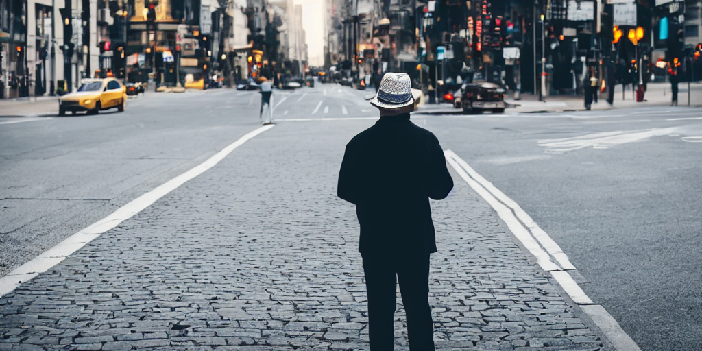 man wearing hat standing on street corner looking at map