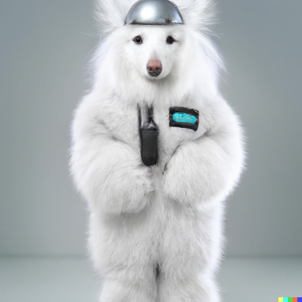 white furred alien security dog