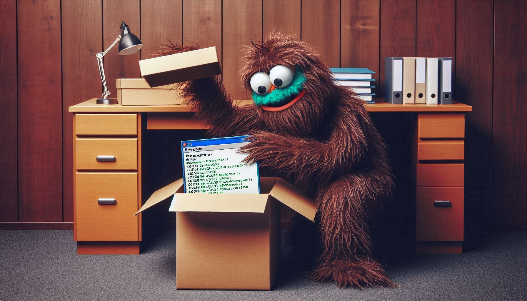 image of a fuzzy monster putting a program in a box