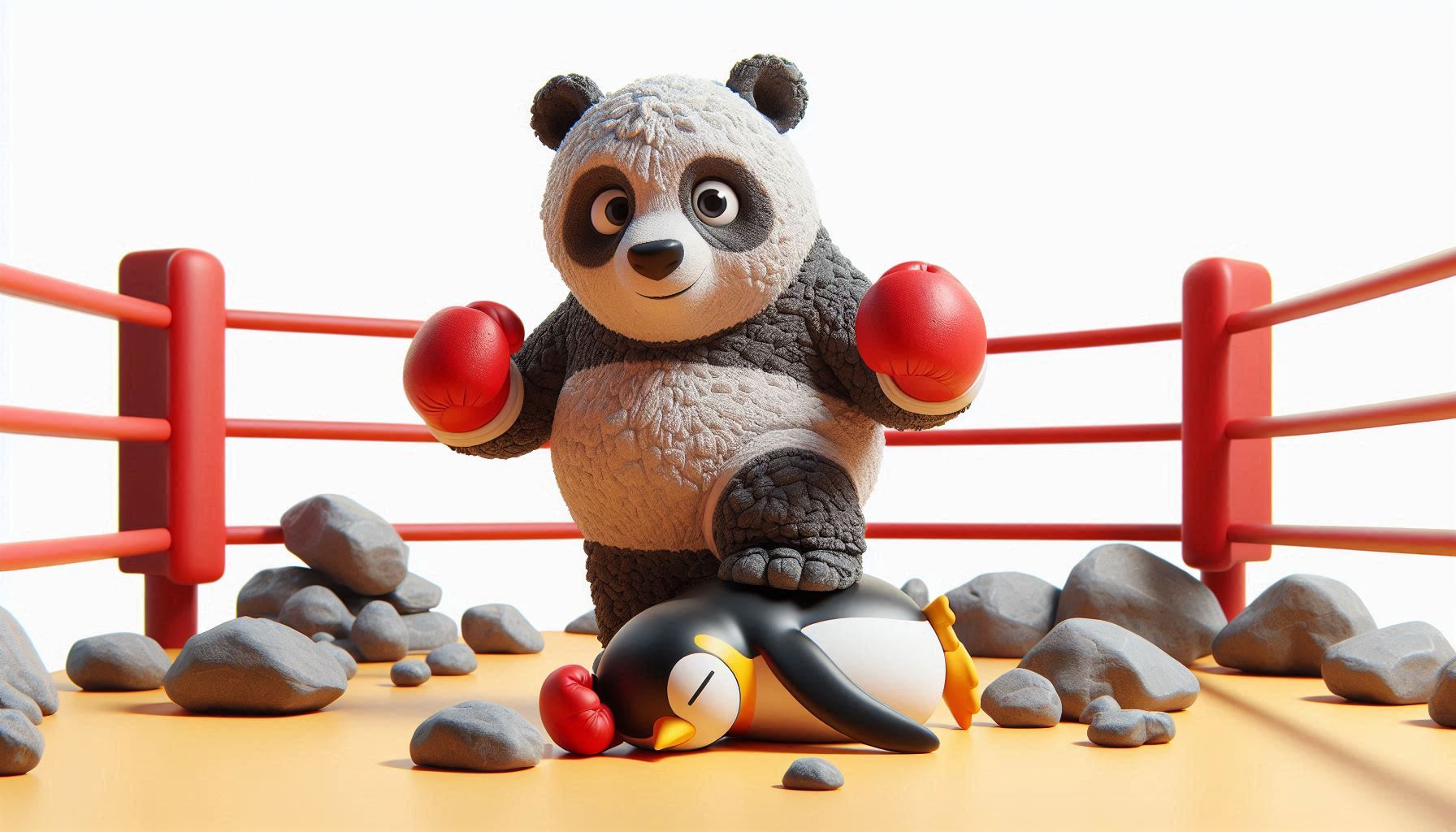 boxing panda standing over a penguin